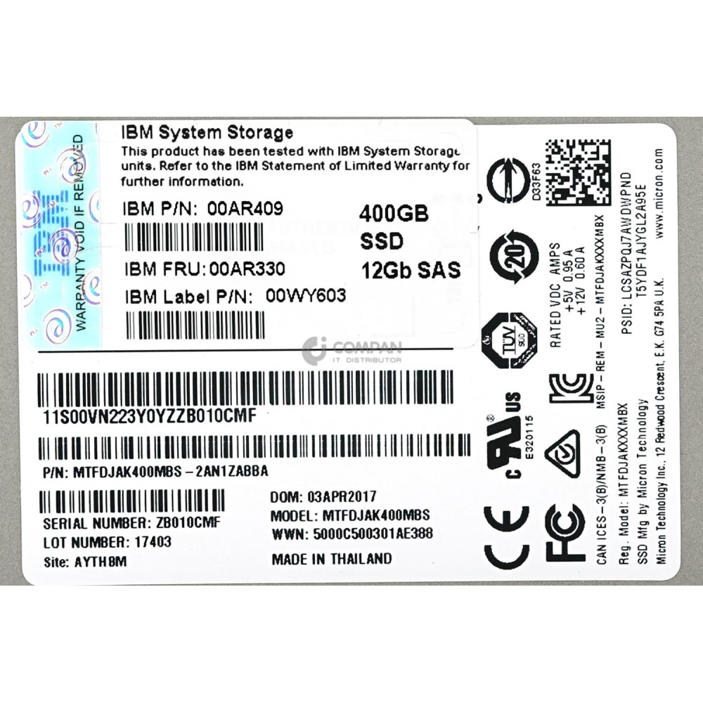 00AR330 IBM SSD 400GB SAS 12G 2.5" SFF HOT-SWAP FOR STORWIZE V7000 G2
